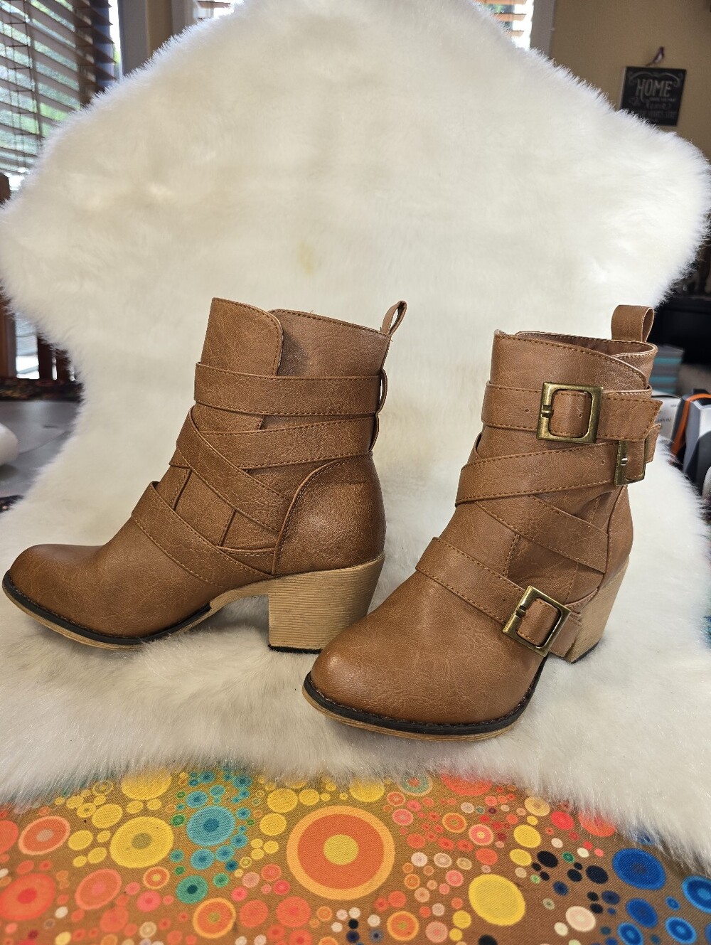 Wet Seal Western Ankle Boots with strappy multi-buckles in Caramel Vegan Leather
